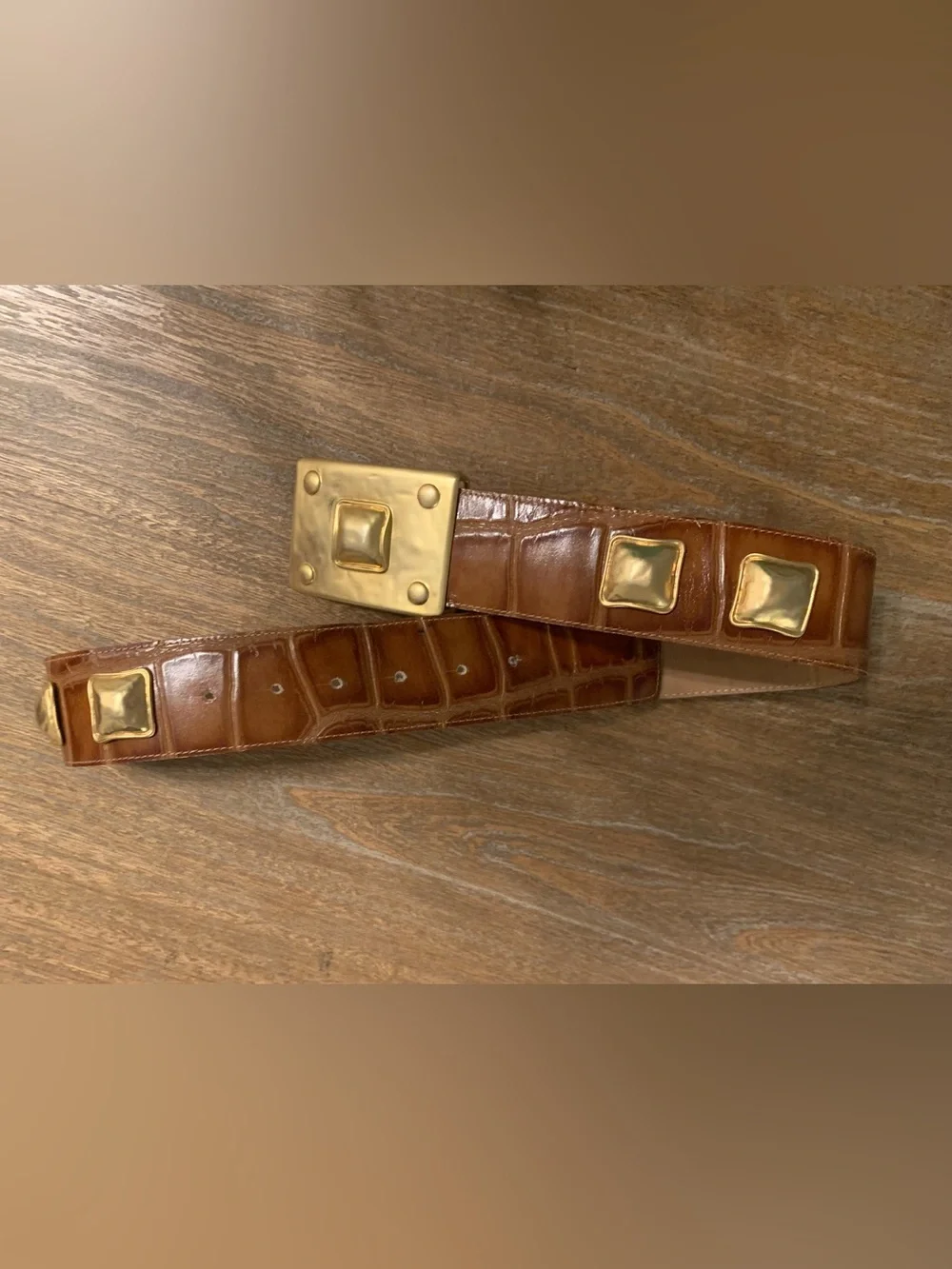 Vintage Marcella Romaya Embossed Crocodile Leather Belt Brown Gold Western